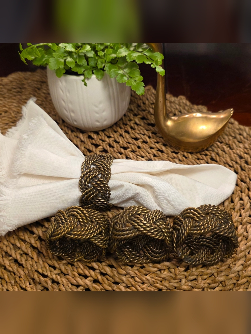 Braided Rope Napkin Rings - Antique Brass Tone (Set of 4)